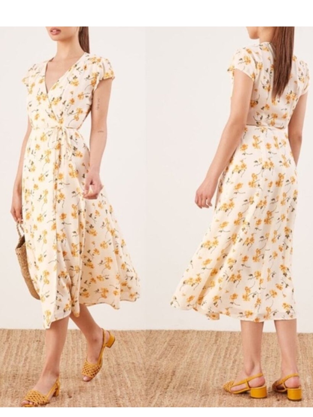 Floral Wrap Midi Dress in Cream and Yellow